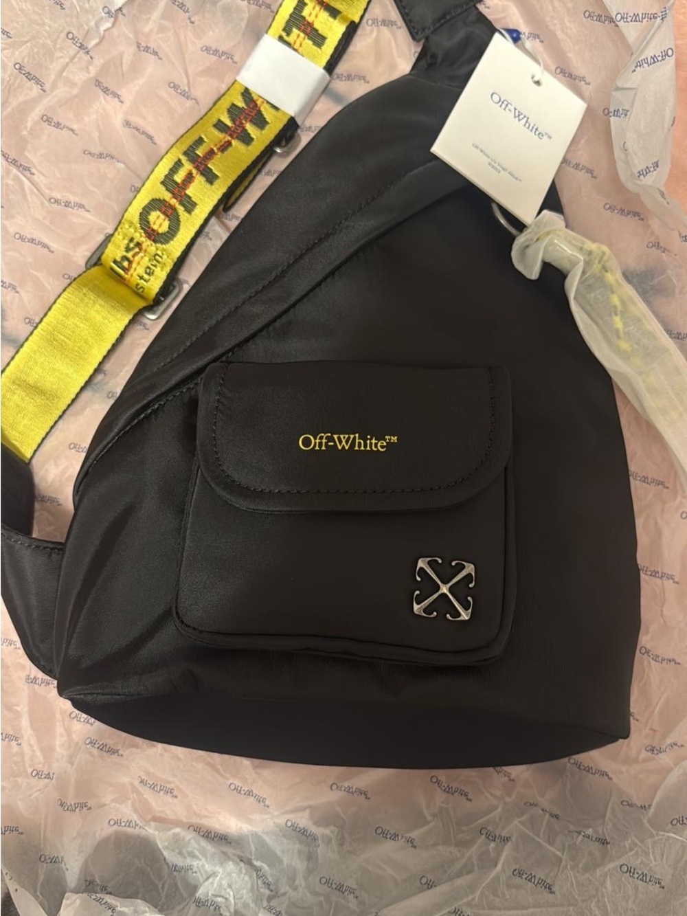 Off-White Black Sling Bag with Yellow Branded Strap